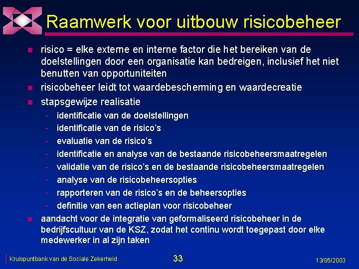 Raamwerk voor uitbouw risicobeheer n n risico = elke externe en interne factor die