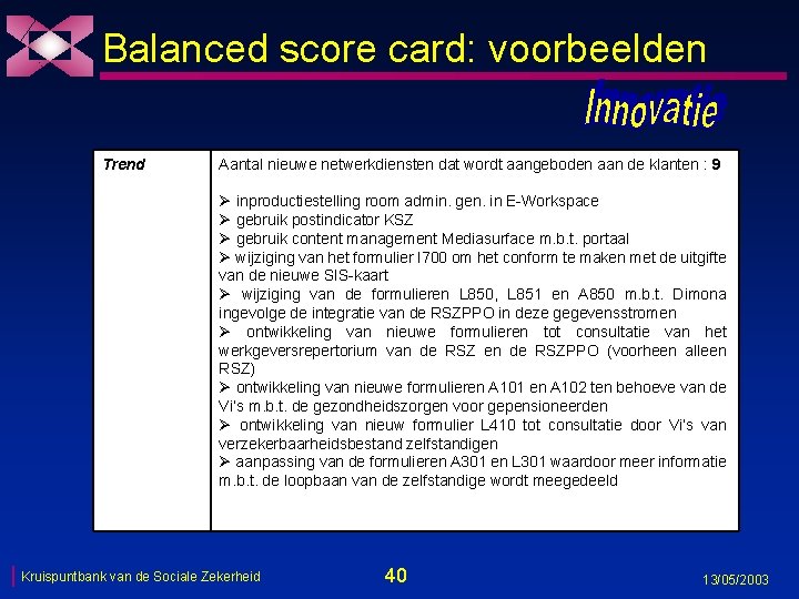 Balanced score card: voorbeelden Trend Aantal nieuwe netwerkdiensten dat wordt aangeboden aan de klanten