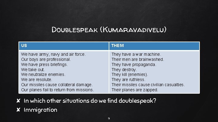 Doublespeak (Kumaravadivelu) US THEM We have army, navy and air force. Our boys are
