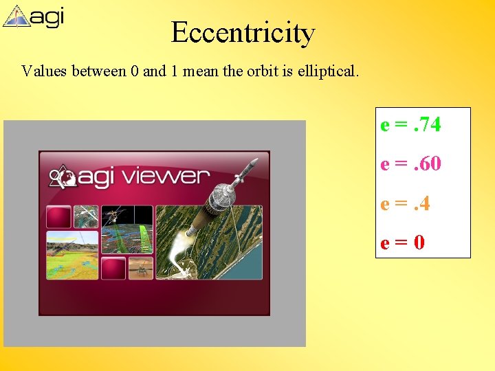 Eccentricity Values between 0 and 1 mean the orbit is elliptical. e =. 74