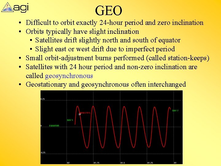 GEO • Difficult to orbit exactly 24 -hour period and zero inclination • Orbits