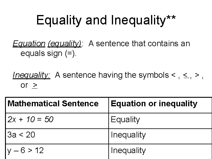 Equality and Inequality** Equation (equality): A sentence that contains an equals sign (=). Inequality:
