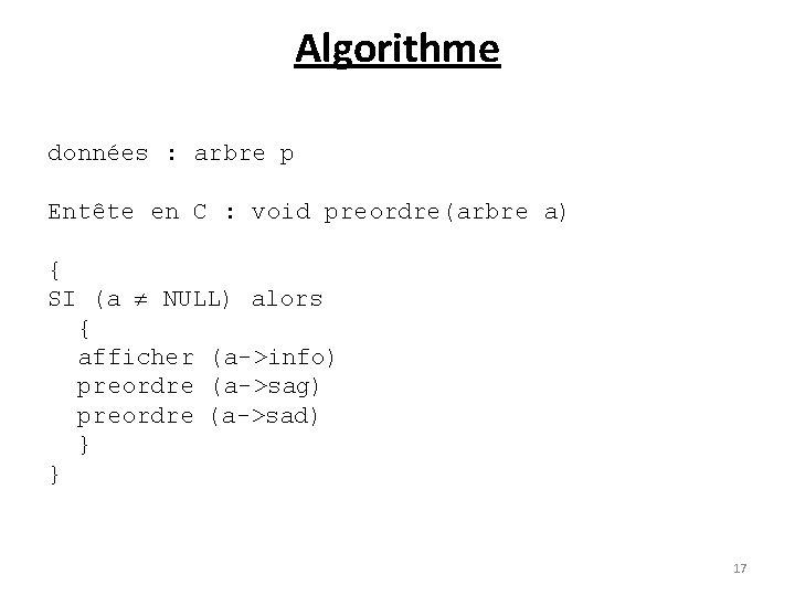 Algorithme données : arbre p Entête en C : void preordre(arbre a) { SI