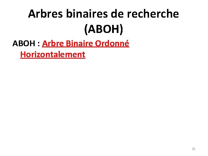 Arbres binaires de recherche (ABOH) ABOH : Arbre Binaire Ordonné Horizontalement 21 