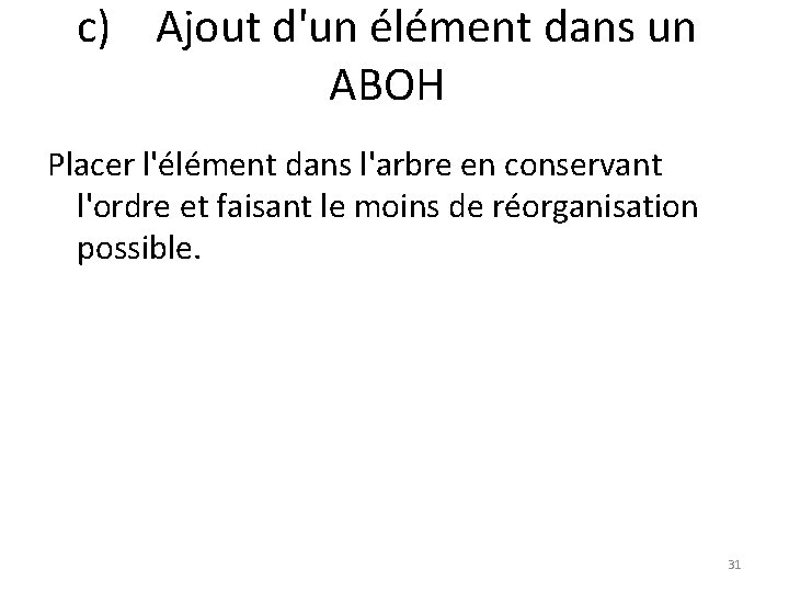 c) Ajout d'un élément dans un ABOH Placer l'élément dans l'arbre en conservant l'ordre