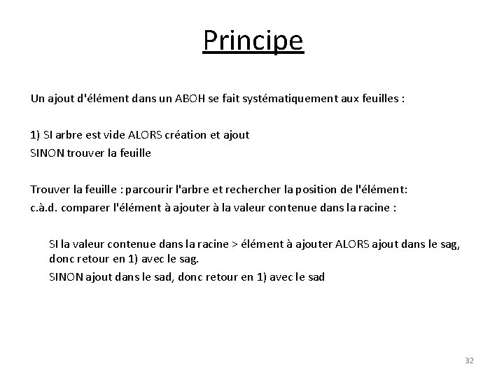 Principe Un ajout d'élément dans un ABOH se fait systématiquement aux feuilles : 1)