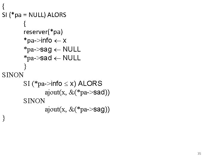 { SI (*pa = NULL) ALORS { reserver(*pa) *pa->info x *pa->sag NULL *pa->sad NULL