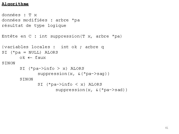 Algorithme données : T x données modifiées : arbre *pa résultat de type logique