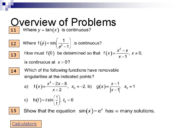 Overview of Problems 11 12 13 14 15 Calculators 