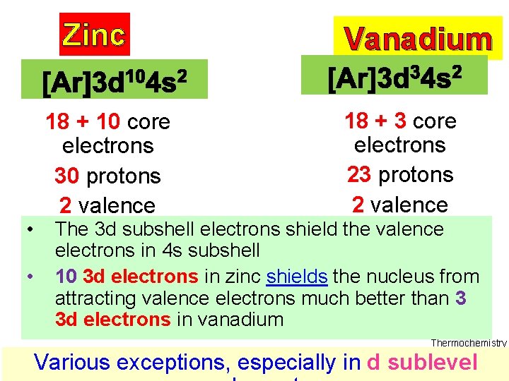 Zinc Vanadium 18 + 3 core 18 + 10 core electrons 23 protons 30