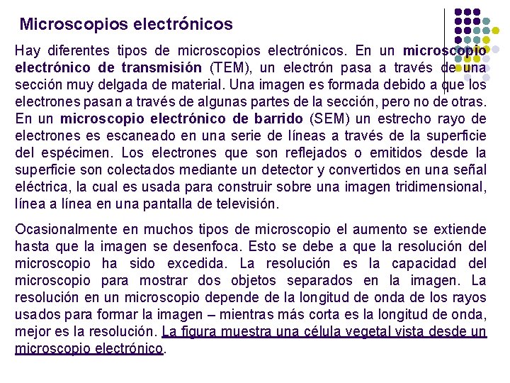 Microscopios electrónicos Hay diferentes tipos de microscopios electrónicos. En un microscopio electrónico de transmisión