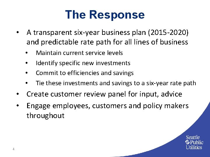 The Response • A transparent six-year business plan (2015 -2020) and predictable rate path