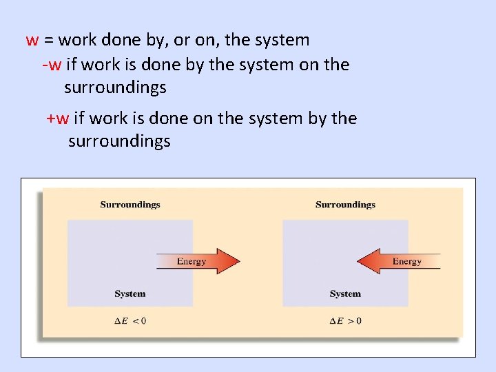 w = work done by, or on, the system -w if work is done