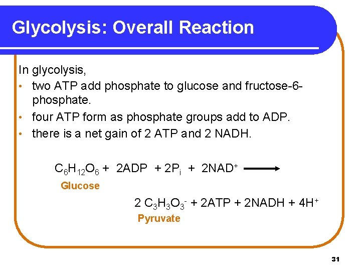 Glycolysis: Overall Reaction In glycolysis, • two ATP add phosphate to glucose and fructose-6