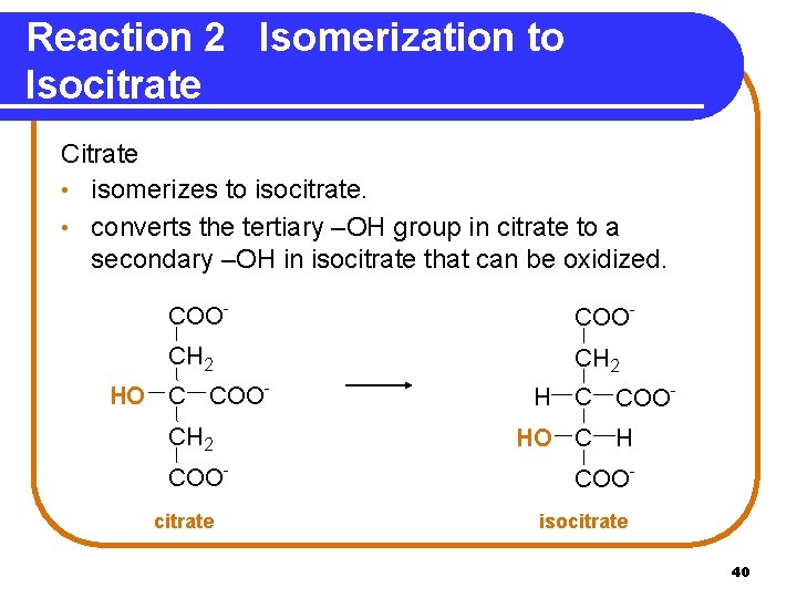 Reaction 2 Isomerization to Isocitrate Citrate • isomerizes to isocitrate. • converts the tertiary