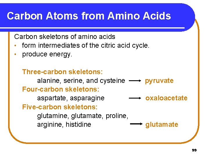 Carbon Atoms from Amino Acids Carbon skeletons of amino acids • form intermediates of