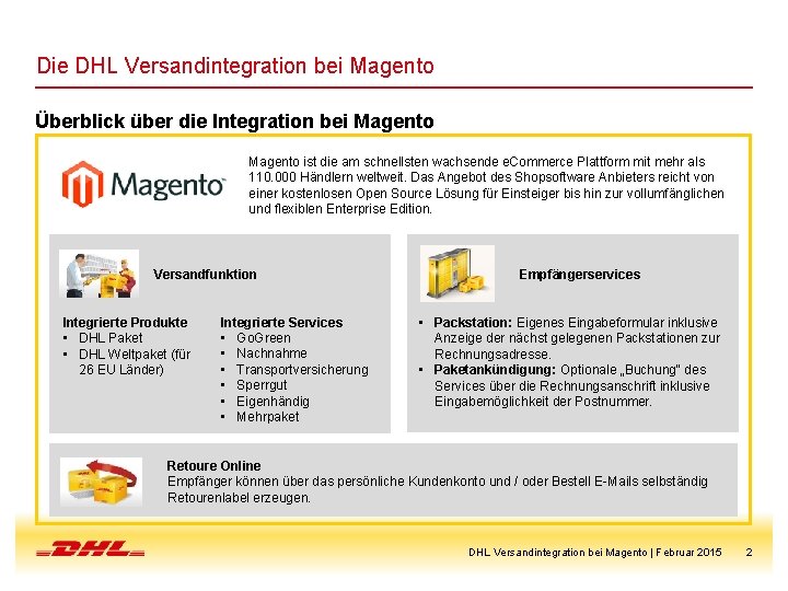 Die DHL Versandintegration bei Magento Überblick über die Integration bei Magento ist die am