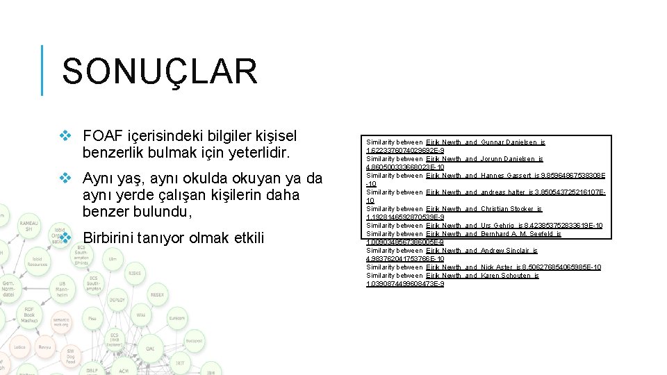 SONUÇLAR v FOAF içerisindeki bilgiler kişisel benzerlik bulmak için yeterlidir. v Aynı yaş, aynı SONUÇLAR v FOAF içerisindeki bilgiler kişisel benzerlik bulmak için yeterlidir. v Aynı yaş, aynı