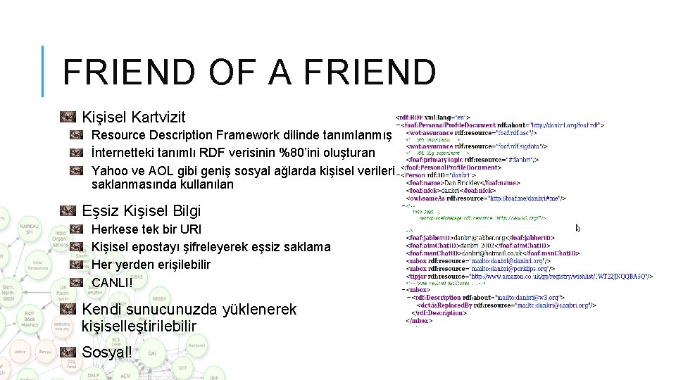 FRIEND OF A FRIEND Kişisel Kartvizit Resource Description Framework dilinde tanımlanmış İnternetteki tanımlı RDF FRIEND OF A FRIEND Kişisel Kartvizit Resource Description Framework dilinde tanımlanmış İnternetteki tanımlı RDF