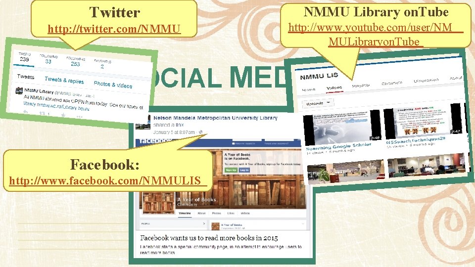 Twitter http: //twitter. com/NMMU Library on. Tube http: //www. youtube. com/user/NM MULibraryon. Tube SOCIAL