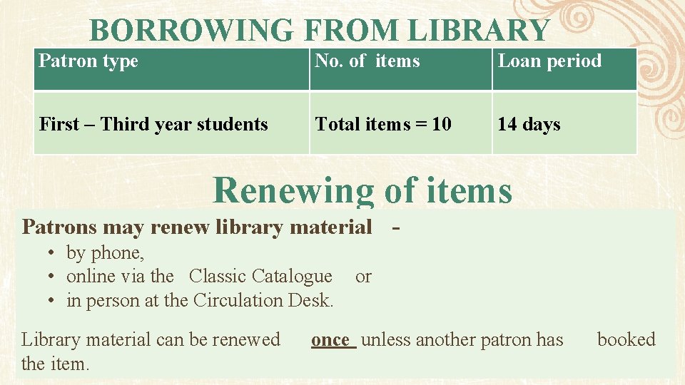 BORROWING FROM LIBRARY Patron type No. of items Loan period First – Third year