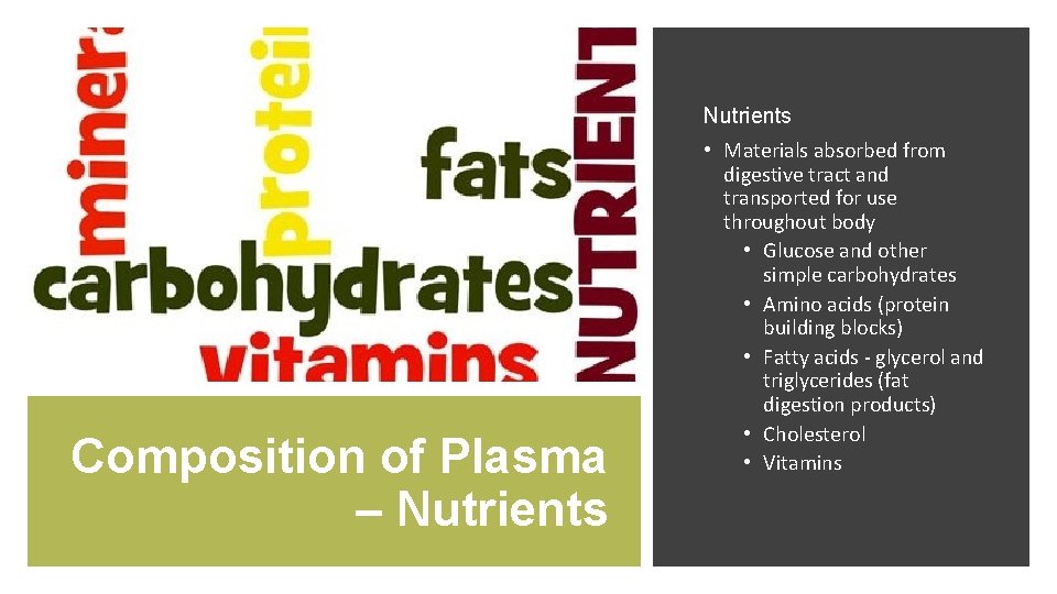 Nutrients Composition of Plasma – Nutrients • Materials absorbed from digestive tract and transported
