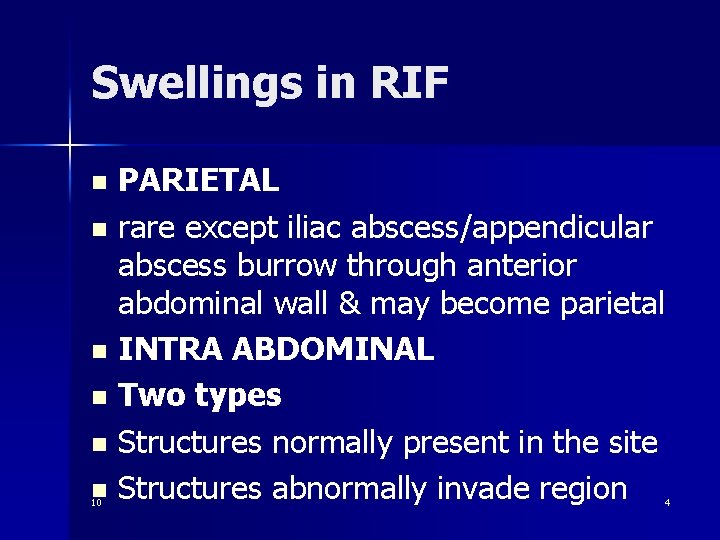 Swellings in RIF PARIETAL n rare except iliac abscess/appendicular abscess burrow through anterior abdominal