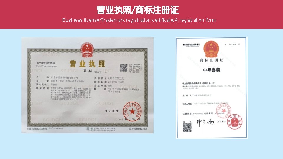 营业执照/商标注册证 Business license/Trademark registration certificate/A registration form 