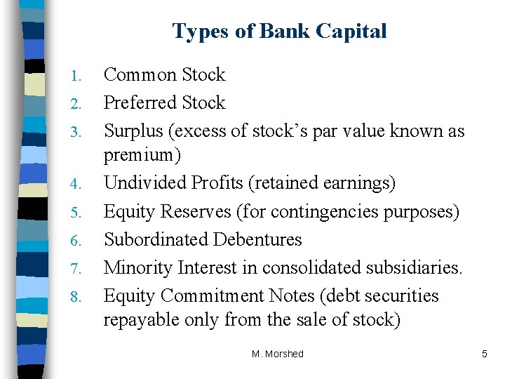 Types of Bank Capital 1. 2. 3. 4. 5. 6. 7. 8. Common Stock