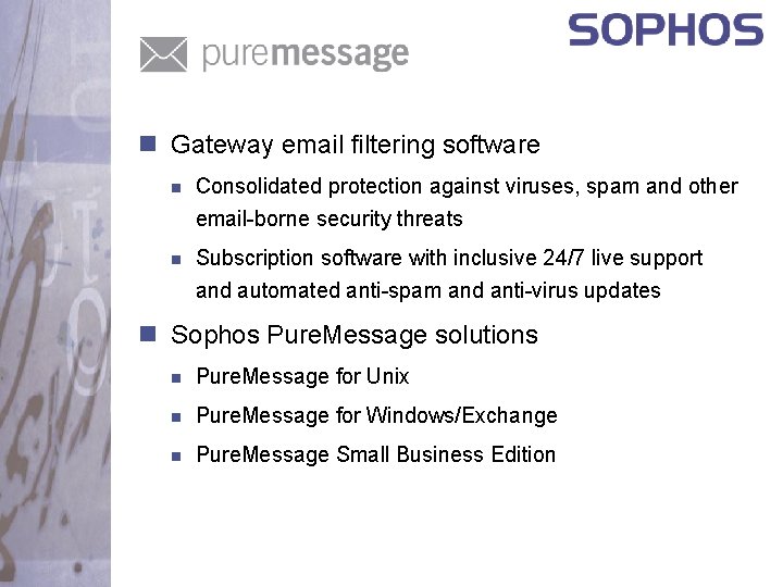 n Gateway email filtering software n Consolidated protection against viruses, spam and other email-borne