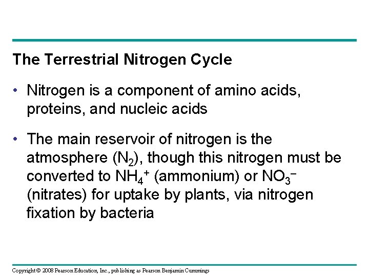 The Terrestrial Nitrogen Cycle • Nitrogen is a component of amino acids, proteins, and