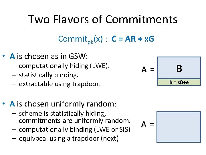 Two Flavors of Commitments Commitpk(x) : C = AR + x. G • A