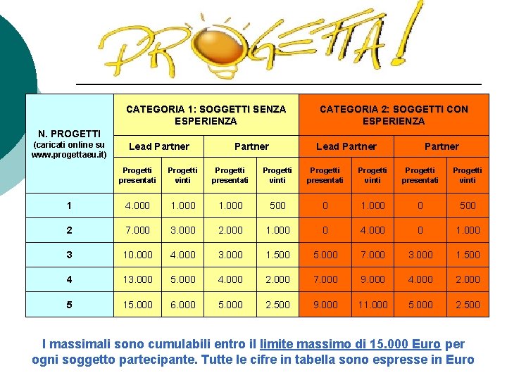 CATEGORIA 1: SOGGETTI SENZA ESPERIENZA CATEGORIA 2: SOGGETTI CON ESPERIENZA N. PROGETTI (caricati online