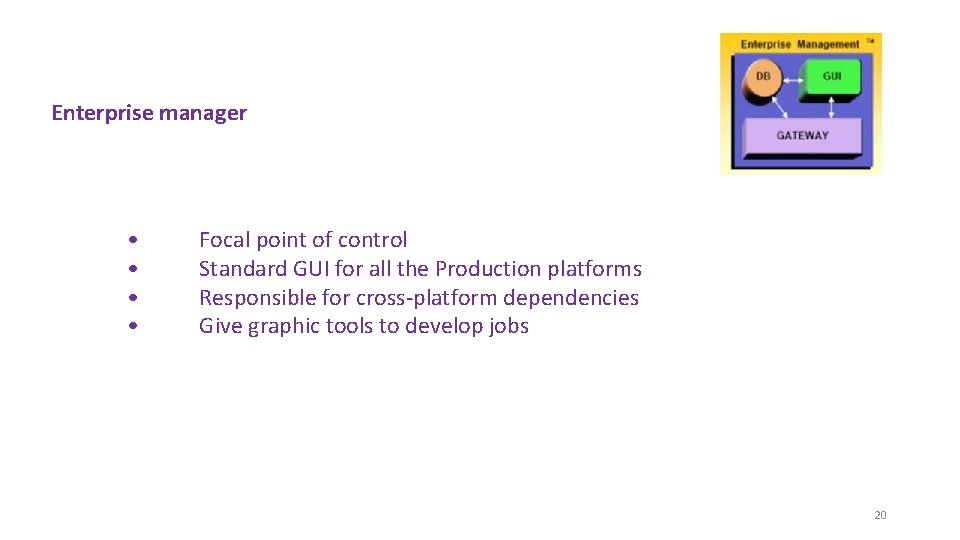 Enterprise manager • • Focal point of control Standard GUI for all the Production