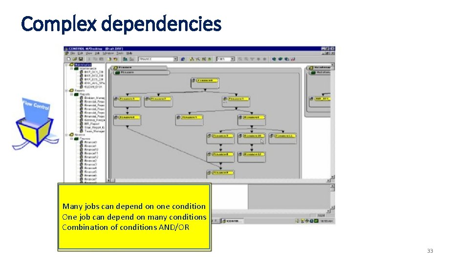 Complex dependencies Many jobs can depend on one condition One job can depend on