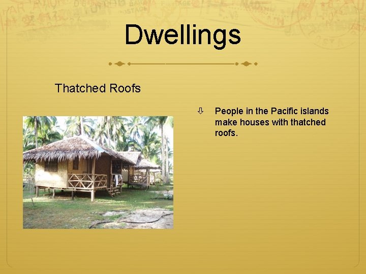 Dwellings Thatched Roofs People in the Pacific islands make houses with thatched roofs. 