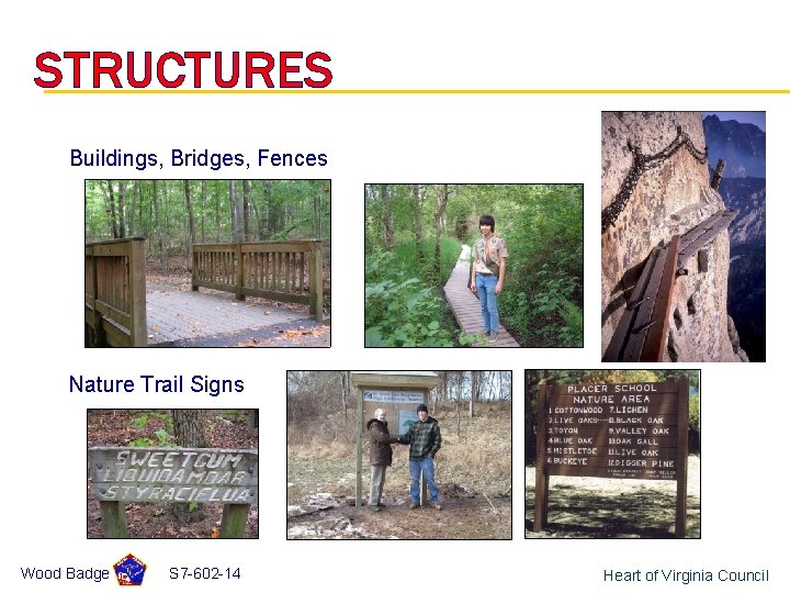 STRUCTURES Buildings, Bridges, Fences Nature Trail Signs Wood Badge S 7 -602 -14 Heart