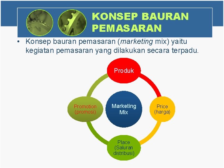 KONSEP BAURAN PEMASARAN • Konsep bauran pemasaran (marketing mix) yaitu kegiatan pemasaran yang dilakukan