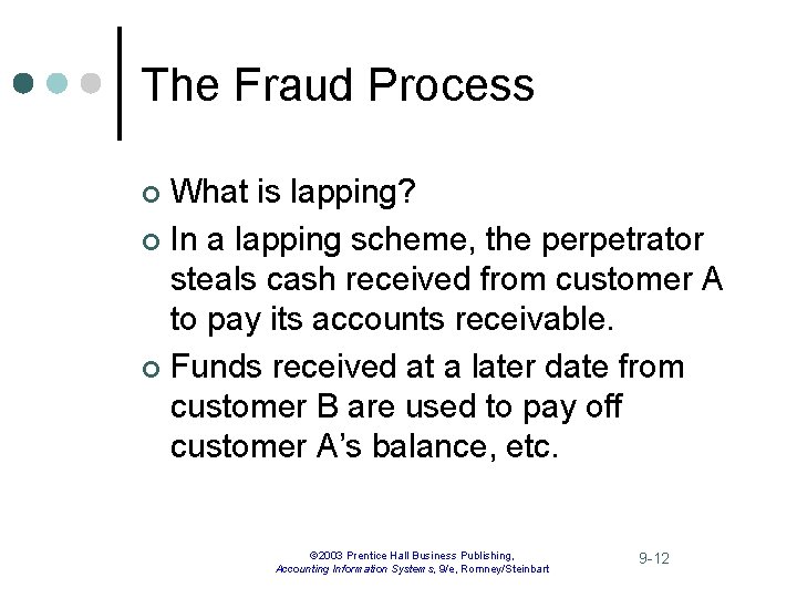 The Fraud Process What is lapping? ¢ In a lapping scheme, the perpetrator steals