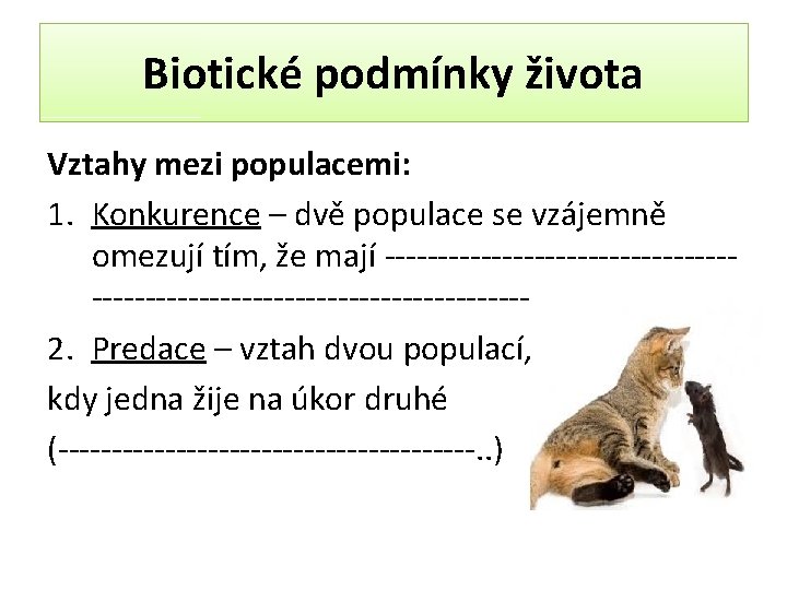 Biotické podmínky života Vztahy mezi populacemi: 1. Konkurence – dvě populace se vzájemně omezují