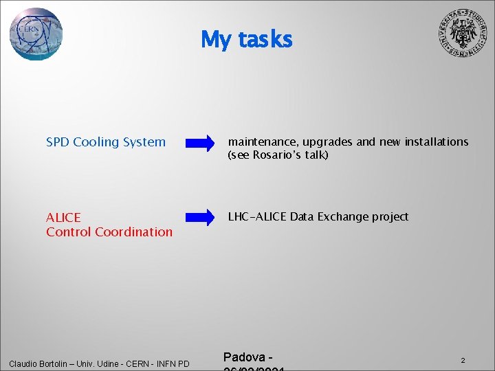 My tasks SPD Cooling System maintenance, upgrades and new installations (see Rosario’s talk) ALICE