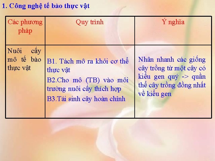 1. Công nghệ tế bào thực vật Các phương pháp Quy trình Nuôi cấy