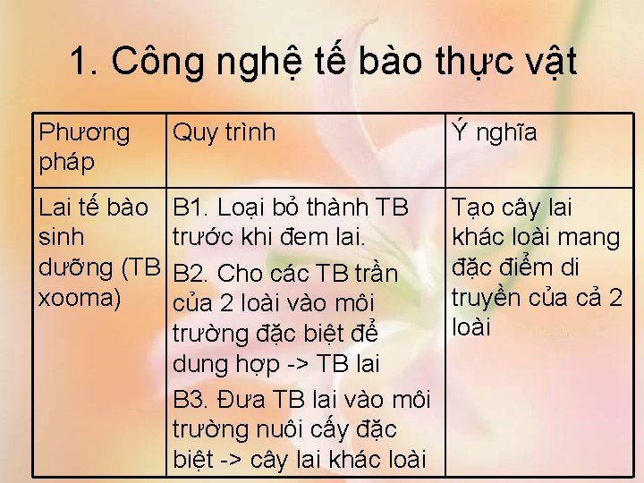 1. Công nghệ tế bào thực vật Phương pháp Quy trình Ý nghĩa Lai