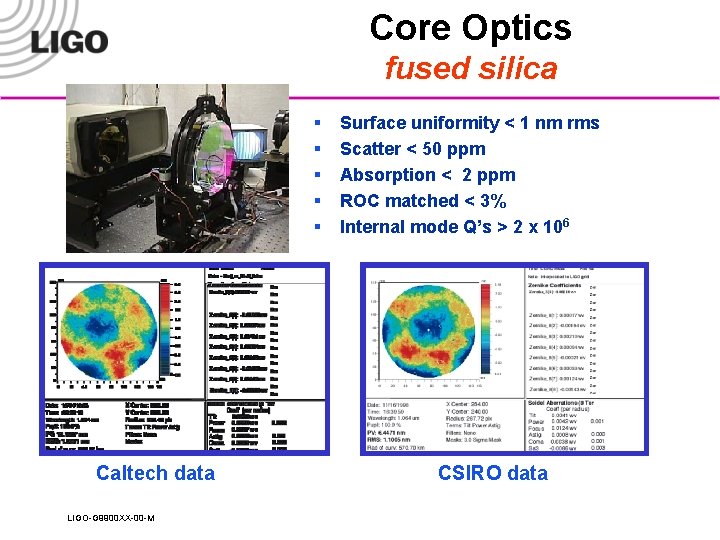 Core Optics fused silica § § § Caltech data LIGO-G 9900 XX-00 -M Surface