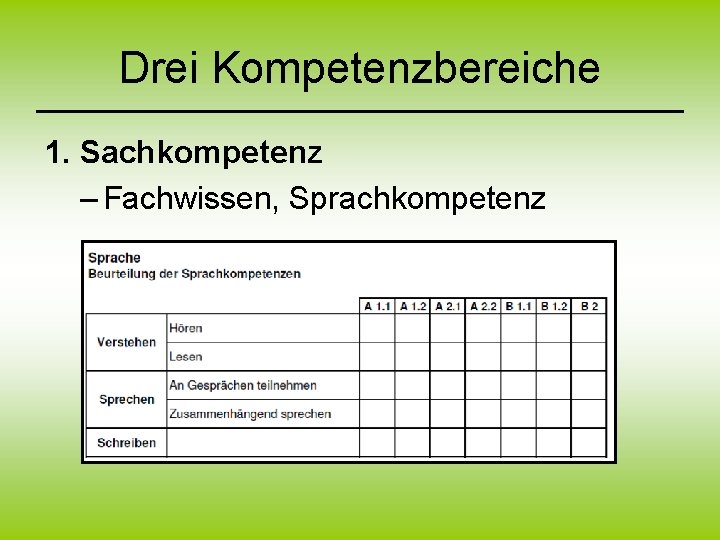 Drei Kompetenzbereiche 1. Sachkompetenz – Fachwissen, Sprachkompetenz 