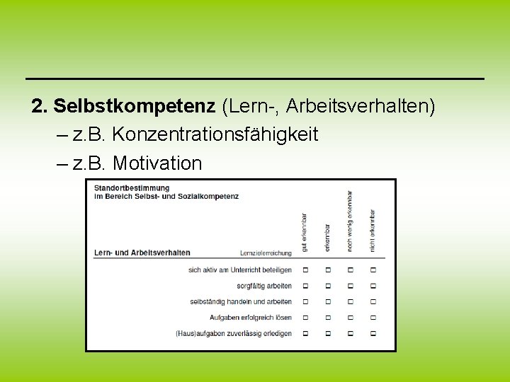 2. Selbstkompetenz (Lern-, Arbeitsverhalten) – z. B. Konzentrationsfähigkeit – z. B. Motivation 