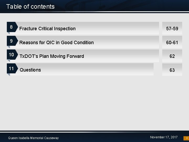 Table of contents 8 Fracture Critical Inspection 57 -59 9 Reasons for QIC in