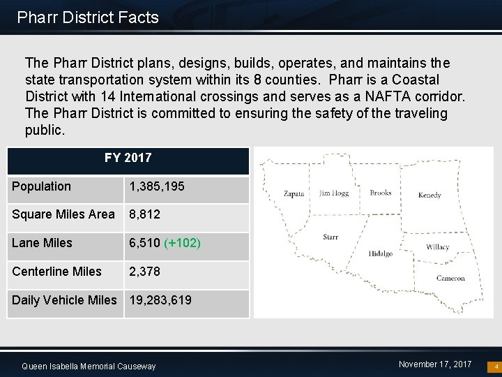 Pharr District Facts The Pharr District plans, designs, builds, operates, and maintains the state
