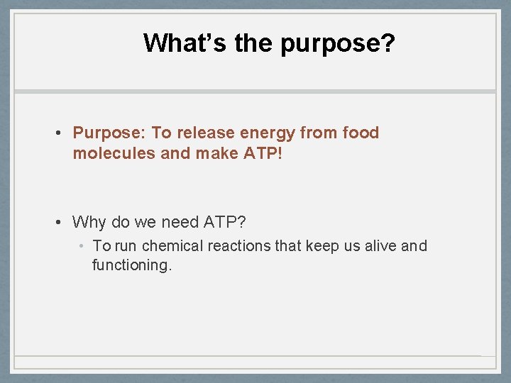 What’s the purpose? • Purpose: To release energy from food molecules and make ATP!