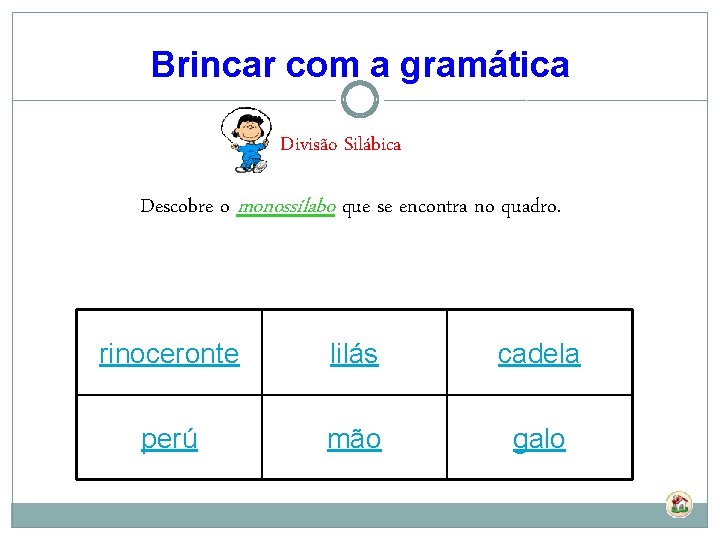 Brincar com a gramática Divisão Silábica Descobre o monossílabo que se encontra no quadro.